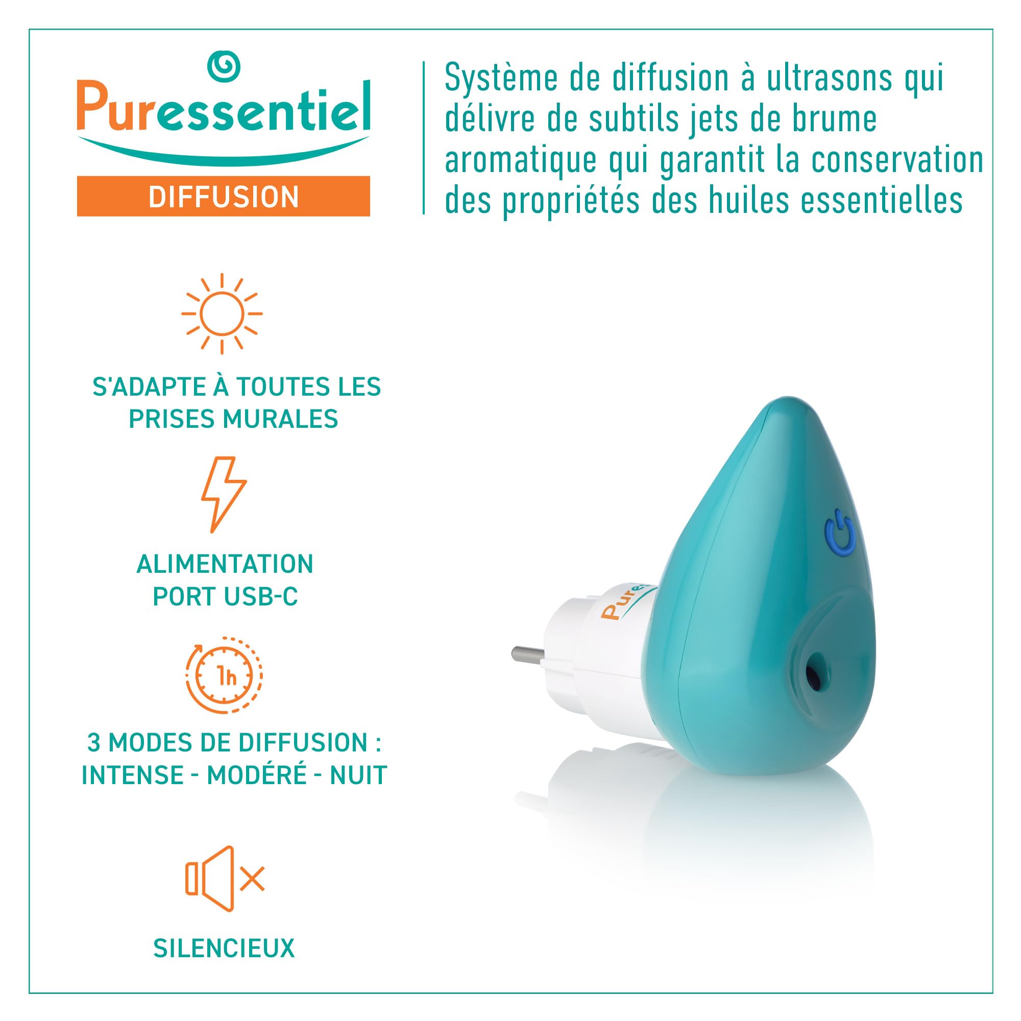 Puressentiel - Diffuseur d'huiles essentielles à ultrasons - Clip et diffuseur - Diffuseur d'aromathérapie Rotatif et à poignée silencieuse - sans Eau, LED,Blanc et Bleu