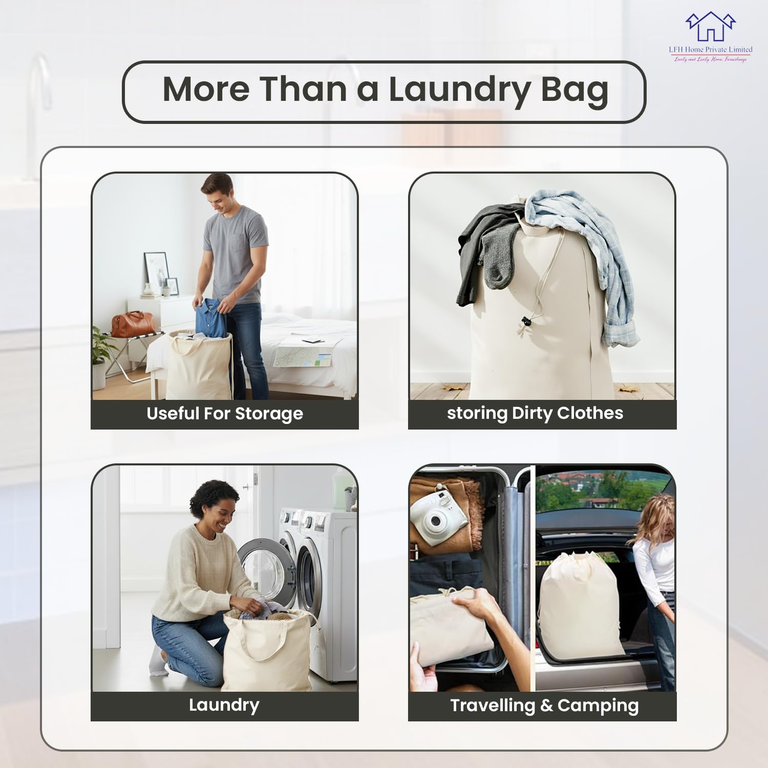 LFH Home - Bolsa de lavandería grande de lona de algodón resistente, elegante cierre de cordón con asa de transporte, organizador de ropa sucia, campamento, viajes, vacaciones, hogar, hotel y