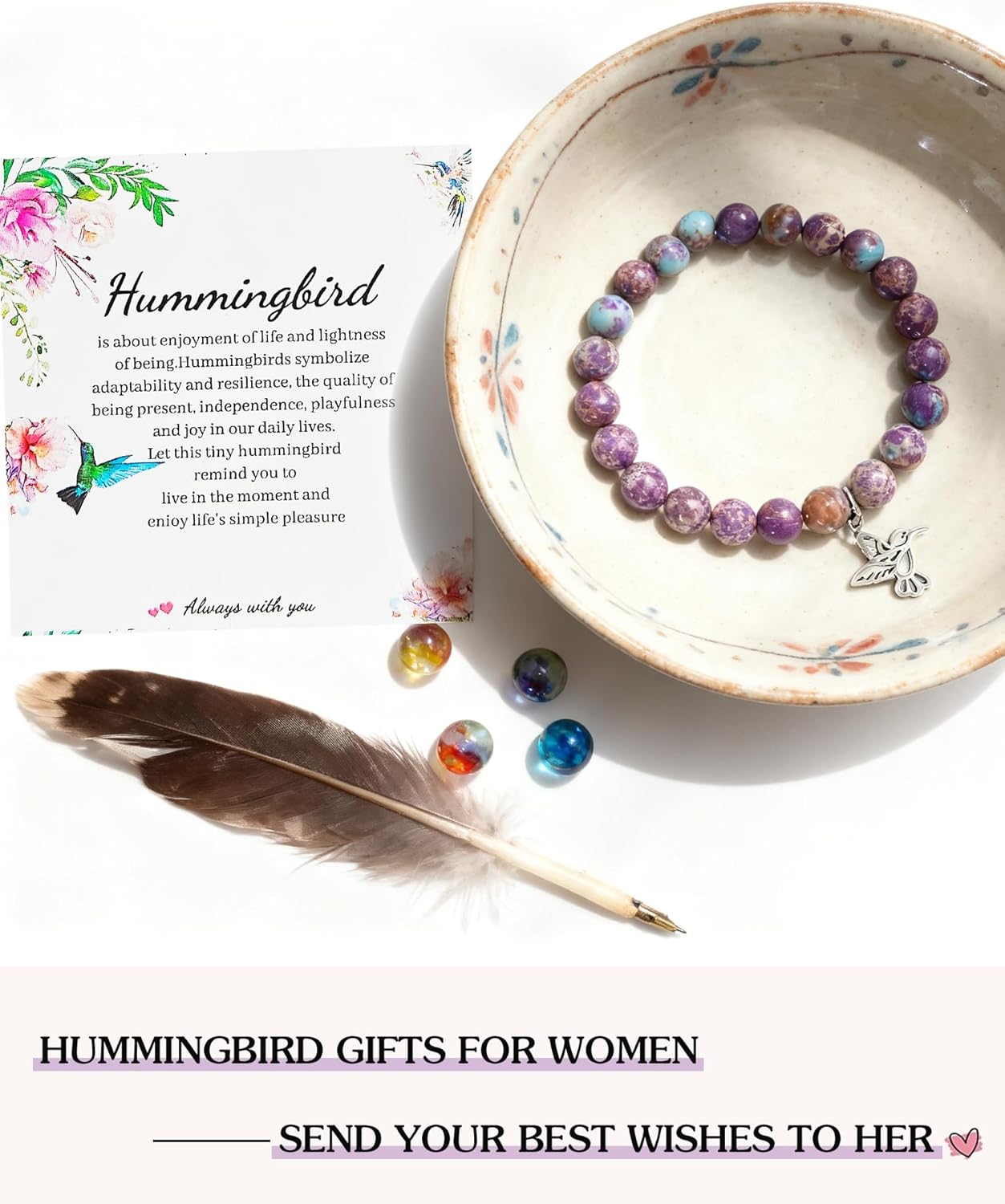 Hummingbird Bracelet Gifts for Women Inspirational Hummingbird Charm Bracelet Natural Stretch Imperial Jasper Brace-let Inspirational Spirit Humming-bird Jewelry Encouragement Gifts for Her - Image 5