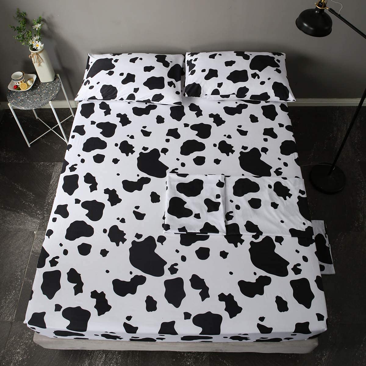 Set di lenzuola per letto singolo, 3 pezzi, nero, bianco, latte, mucca, animali + lenzuolo con angoli con tasca profonda + lenzuolo con angoli + 1 federa per cuscino a quadri per bambini e ragazze