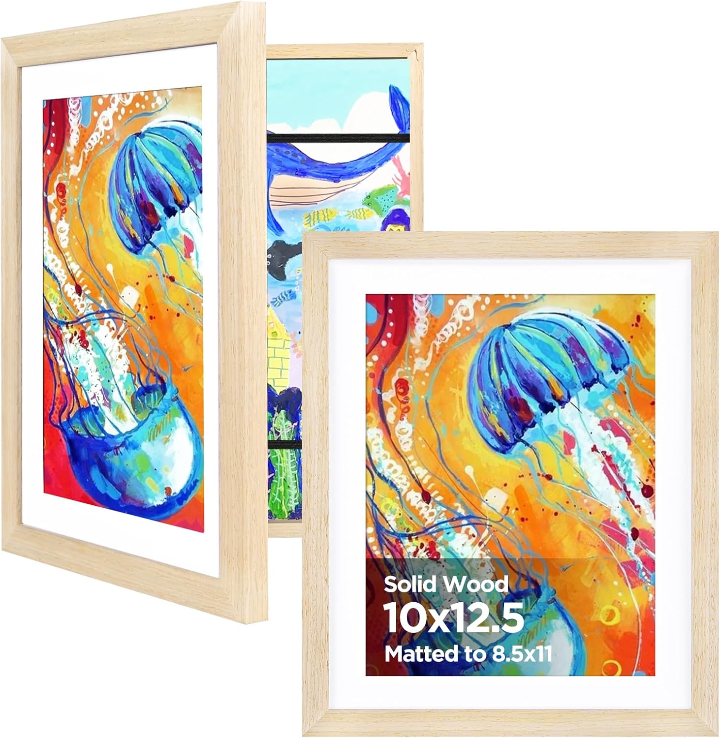KINLINK 10x12.5 Kids Art Frames Set of 2 - Solid Wood Changeable Front-Opening Displays Hold 150 Pictures, Natural with/without Mat