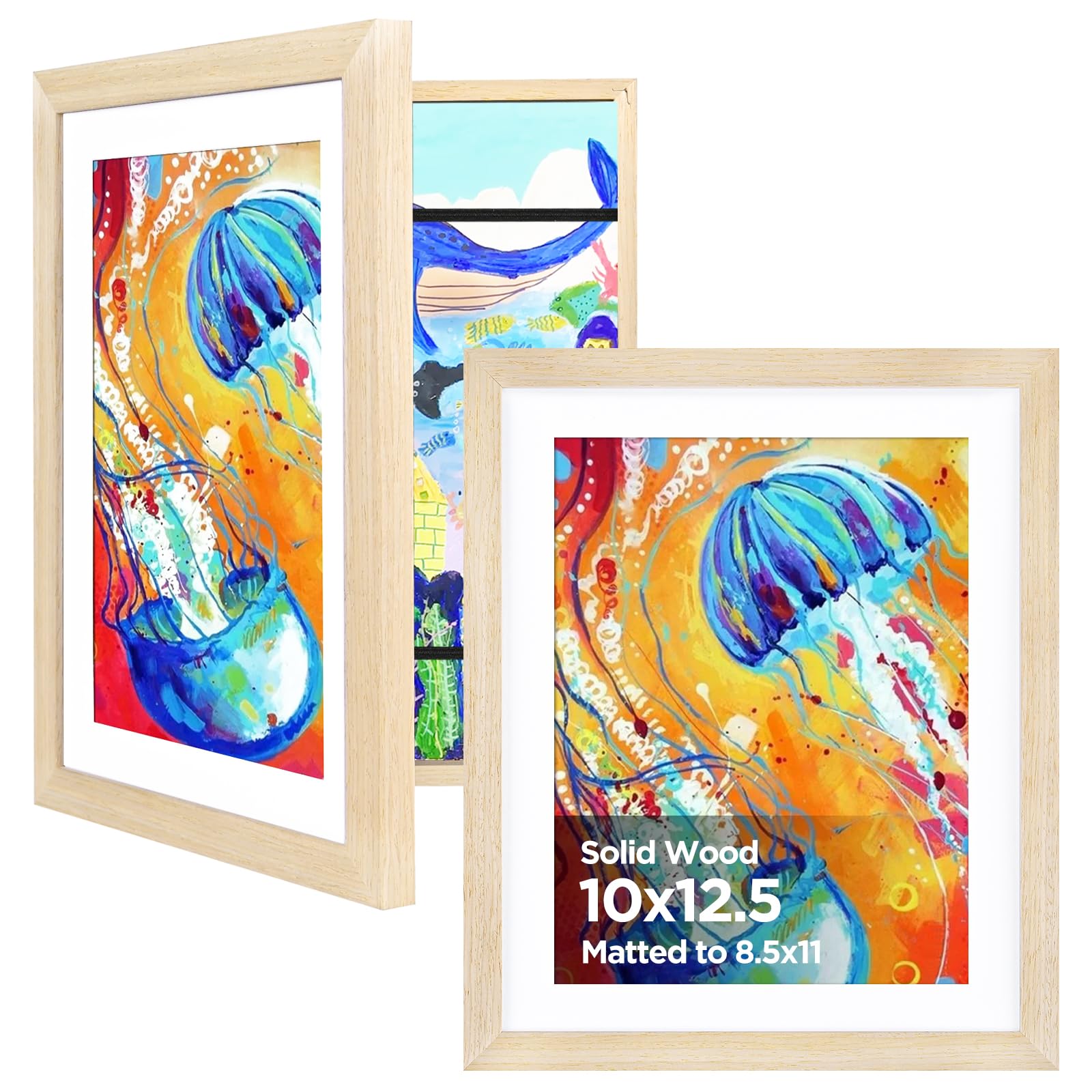 KINLINK 10x12.5 Kids Art Frame 2 Pack, Solid Wood Artwork Frames Changeable, Front Opening Hold 150 Pictures, Art Frames for Kids Artwork, 8.5x11 with Mat 10x12.5 without Mat, Picture Frames Natural
