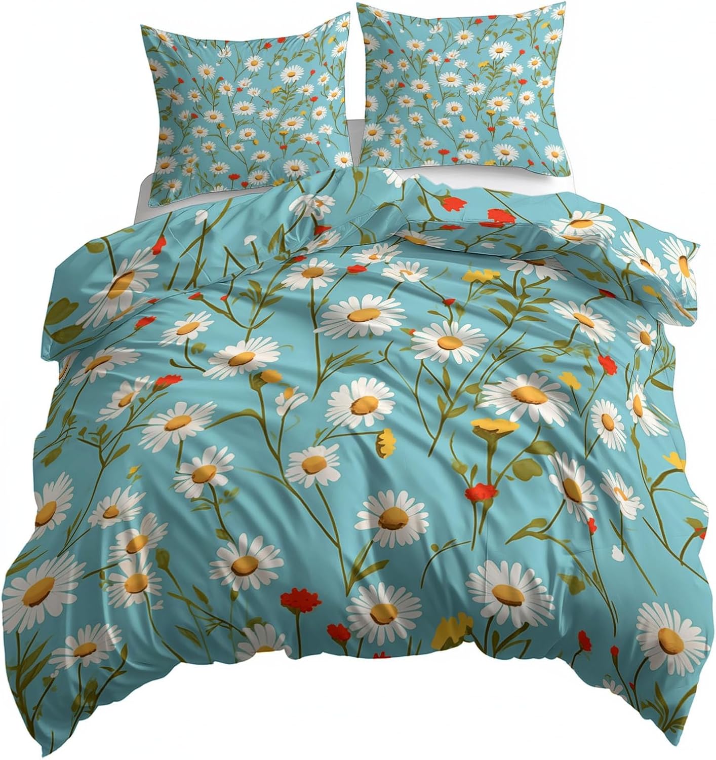 Retro Plants Wildflowers Daisy Duvet Cover Twin Size 69 x 91 inches for Adults Kids Teens Bedroom Decor, Green Print Comforter Cover 3 Piece - Polyester Bedding Set with 2 Pillow Cases