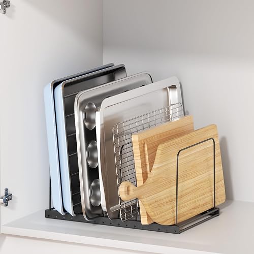 ORDORA Cutting Board Holder Stand Organizer Rack for Cabinet, 7 Slot Adjustable Dividers Baking Sheet Organizer for Counterop, Chopping Board Holder for Cookie Sheet, Baking Tray and Thin Pans, Black