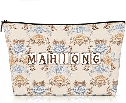 Empty Mahjong Tiles Bag with Zippered 13x7.8 Inch Thickened Beige Print American Bag for 1.2 Inches Standard Size American Mahjong Tiles Accessories and GiftsCase Only