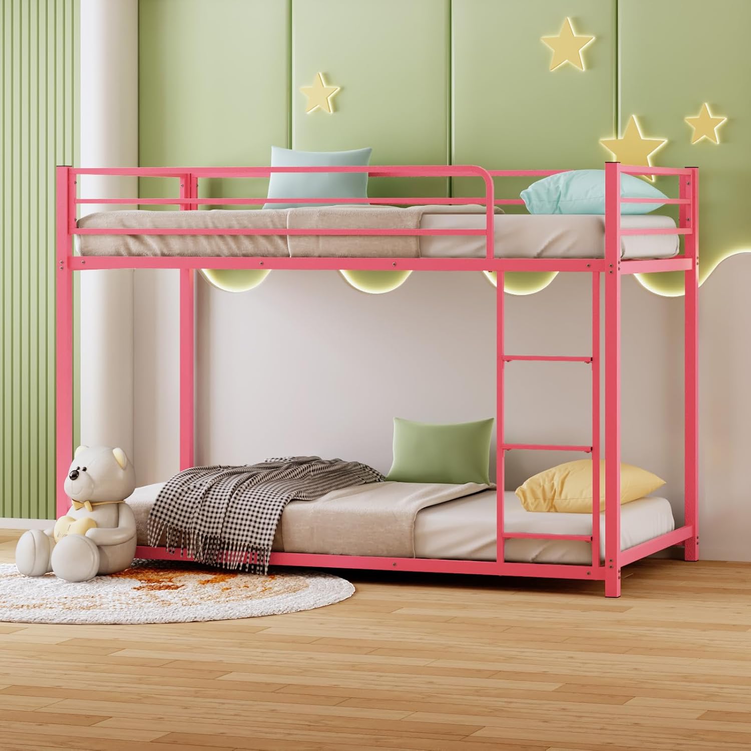 Bonnlo Twin Over Twin Metal Bunk Bed, Metal Twin Bed Frame with Safety Guardrail for Kids & Teens, Space-Saving, Easy Assembly, Mattress Not Included (Pink)