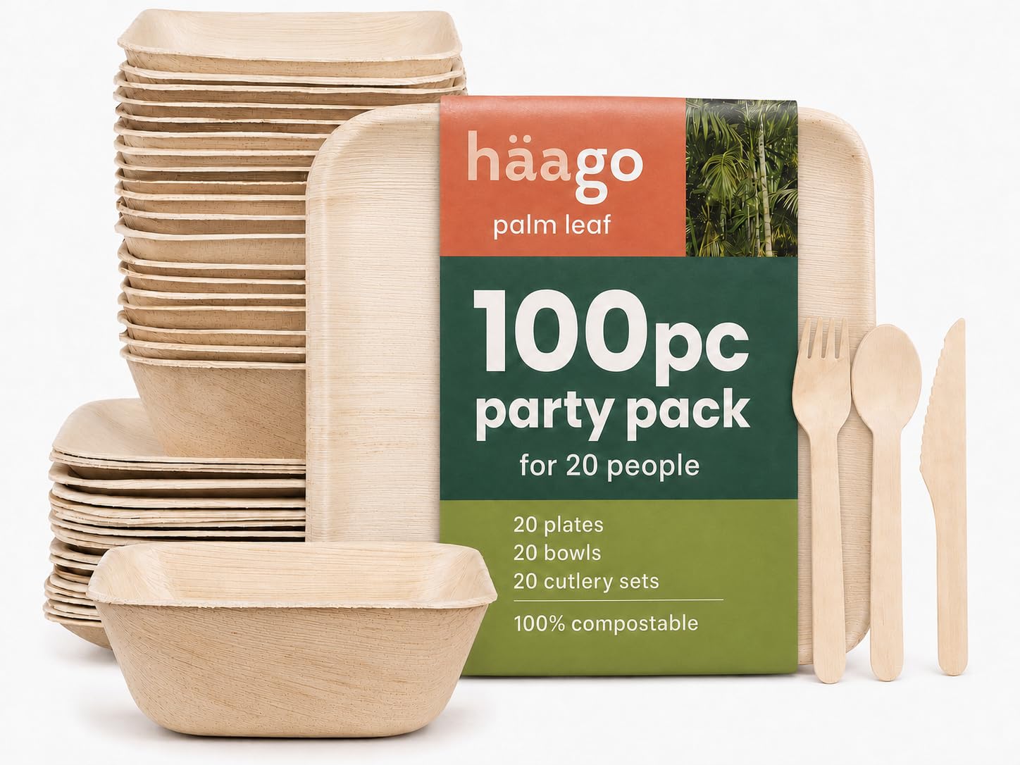 HAAGO 100-Piece Compostable Palm Leaf Plates, Bowls & Cutlery Set for 20 Guests - 22cm Square Eco Plates, 450ml Bowls & Wooden Utensils - Disposable & Biodegradable Dinnerware Party Set
