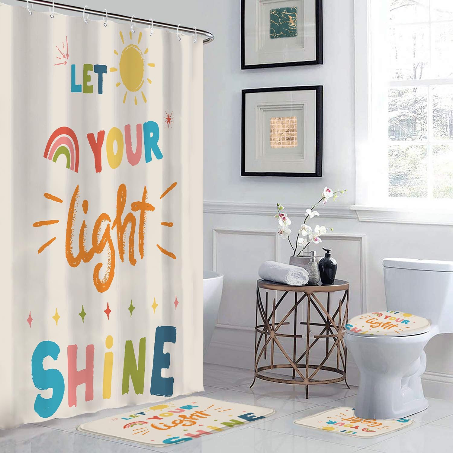 4 Pcs Quotes Colorful Kids Bathroom Shower Curtain Sets with Non-Slip Rugs Cartoon Inspirational Classical English Letter Let You Light Shine Sun Simple Classic for Child Waterproof 72*72in