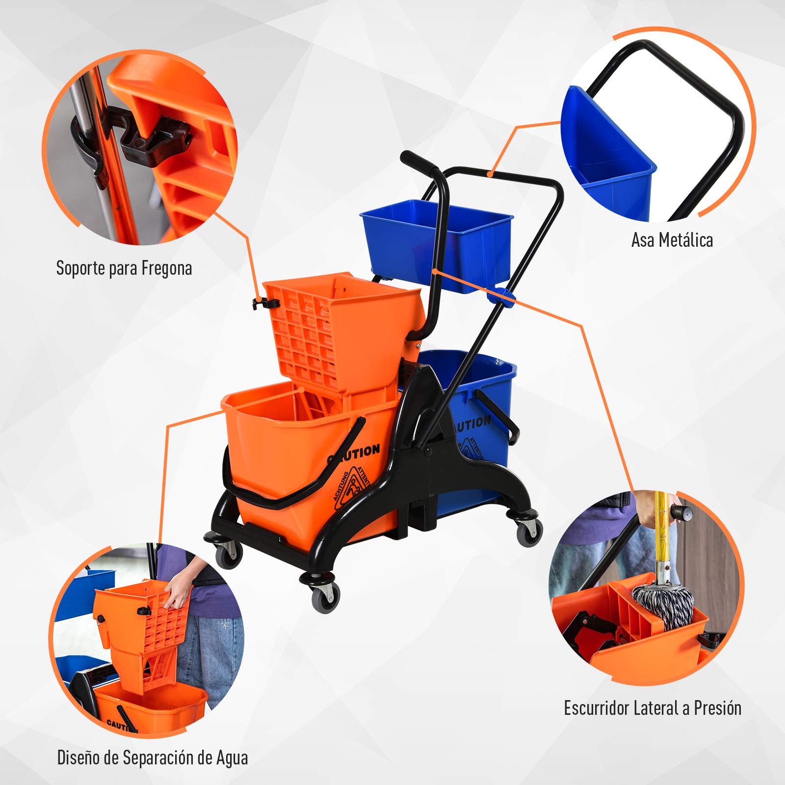 HOMCOM Cubo para Fregona Comercial Cubeta de Trapeador con Escurridor de Presión Abajo Capacidad de 26L con 4 Ruedas Silenciosas Doble Cubetas Separadas 78x45x95 cm Naranja y Azul