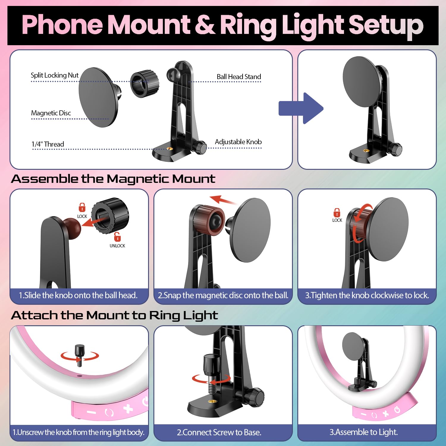 Anneau Lumineux 12'' avec trépied pour téléphone 62'' - Rose