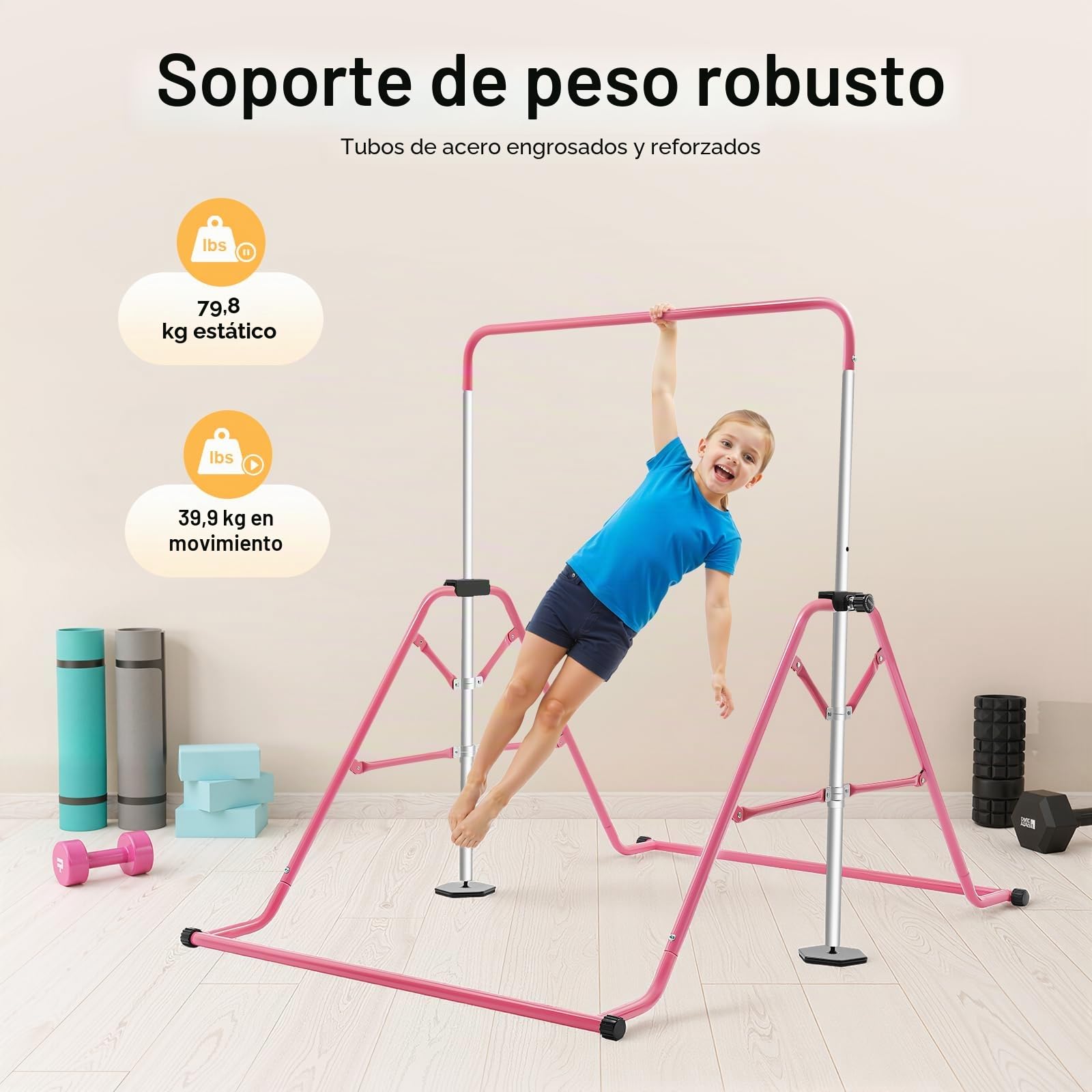 Barra de gimnasia plegable, barra de gimnasia máx. 80 kg, barra horizontal de 115 – 155 cm, altura ajustable, para personas con un peso inferior a 220 libras, rosa