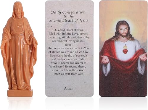 KOMI Estatua del Sagrado Corazón de Jesús con tarjeta de oración, mini estatua religiosa católica de Jesús para el tablero de instrumentos del