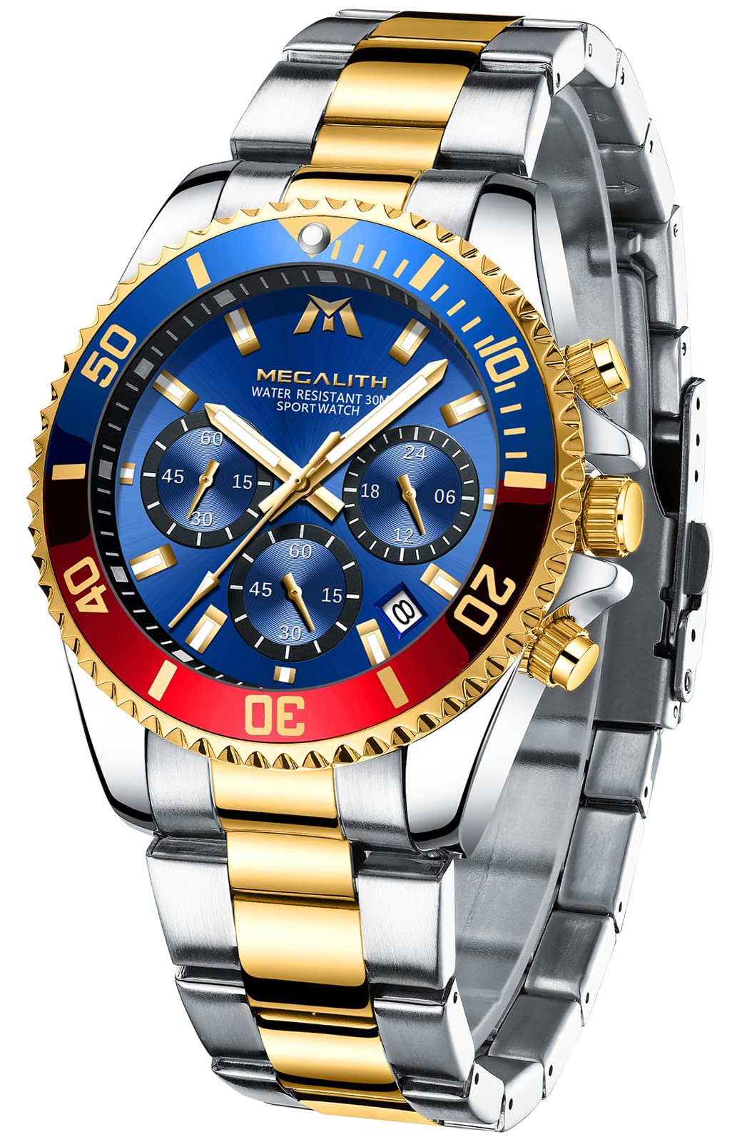 MEGALITHMens Watches Stainless Steel Waterproof Analog Quartz Fashion Business Chronograph Watch for Men, Auto Date