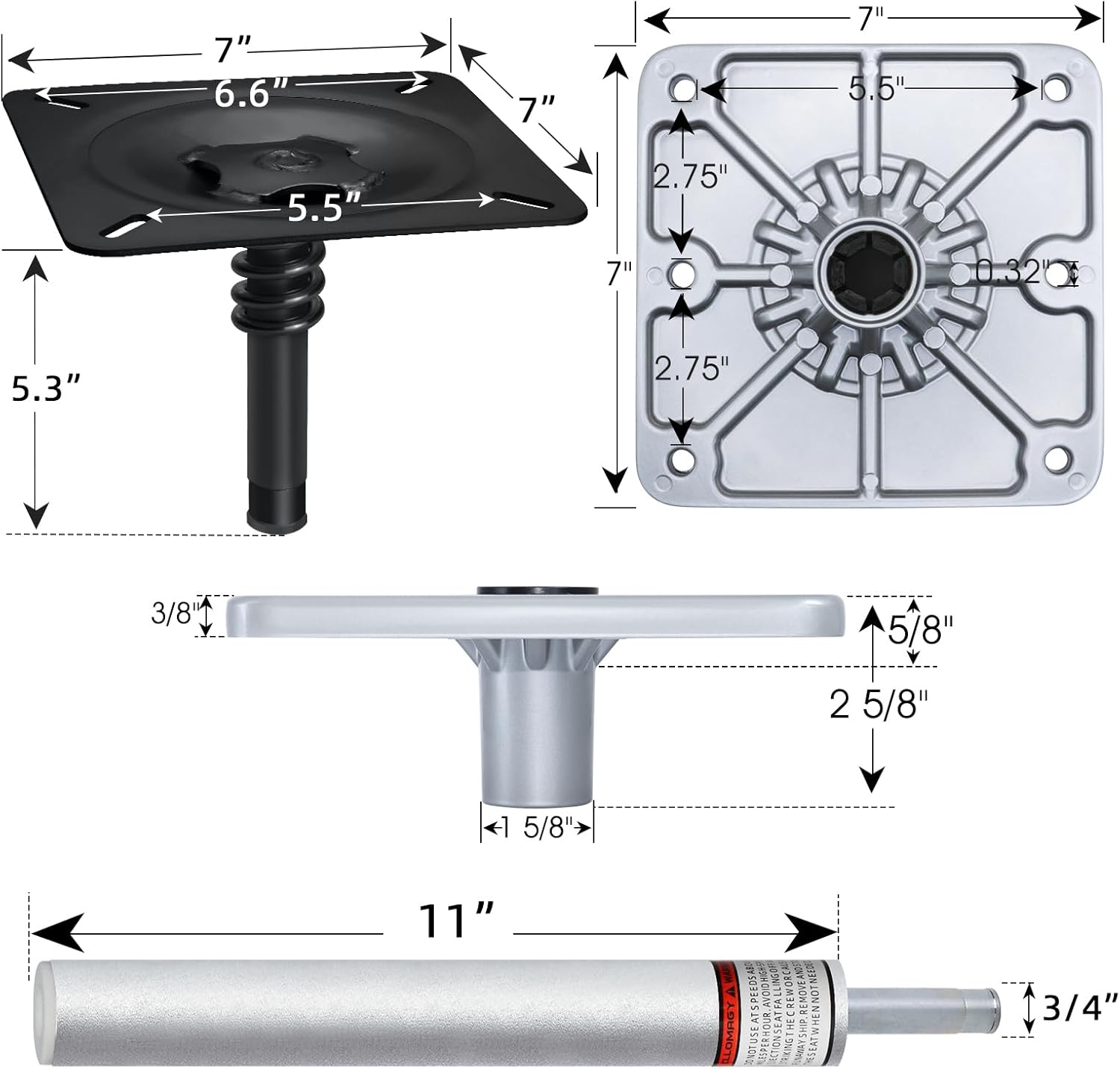 Boat Seat Pedestal Base Mount Kit Package with Lock in 3/4" Boat Seat Pin Post & 7" x 7" Marine Base Pedestal Plate & Mount for Marine Pontoon Fishing Bass
