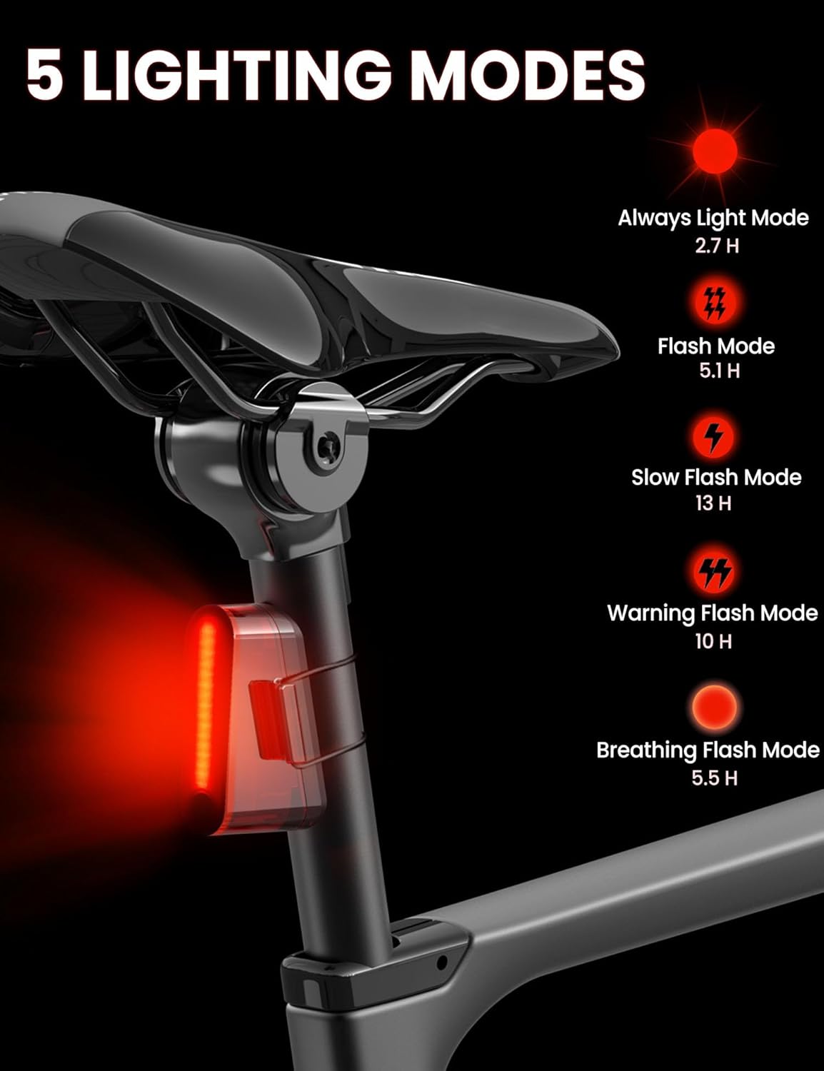 Bike Lights Front and Back Set, 8+5 Modes USB-C Rechargeable Bicycle Headlight and Tail Light, IP64 Waterproof LED Safety Lights for Night Riding, Road & Mountain Cycling Accessories, Easy to Install - Image 4