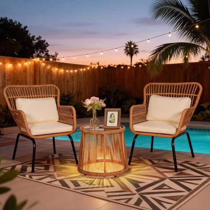 3 Piece Outdoor Wicker Furniture Bistro Set, Rattan Chairs Conversation Sets Wicker Patio Furniture for Balcony Poolside Backyard, Beige
