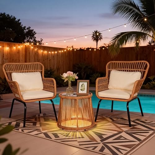 3 Piece Outdoor Wicker Furniture Bistro Set, Rattan Chairs Conversation Sets with Solar Light, Wicker Patio Furniture for Balcony Poolside Backyard, Beige