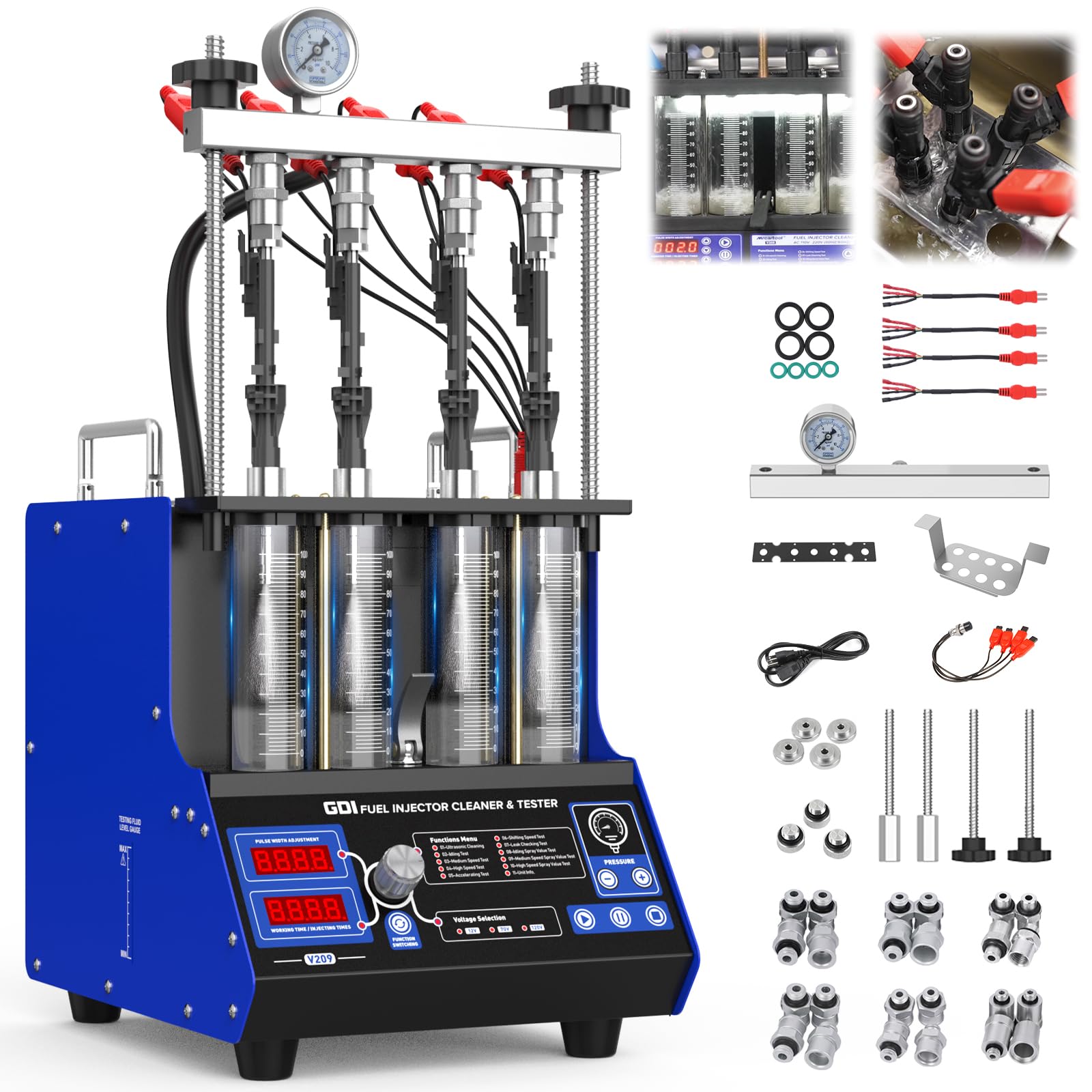 Limpiador y probador de inyectores de ondas ultrasónicas V209 GDI EFI FSI Piezo 220V inyector de combustible limpiador de 4 cilindros, 10 funciones de limpieza automática y comprobación para inyector