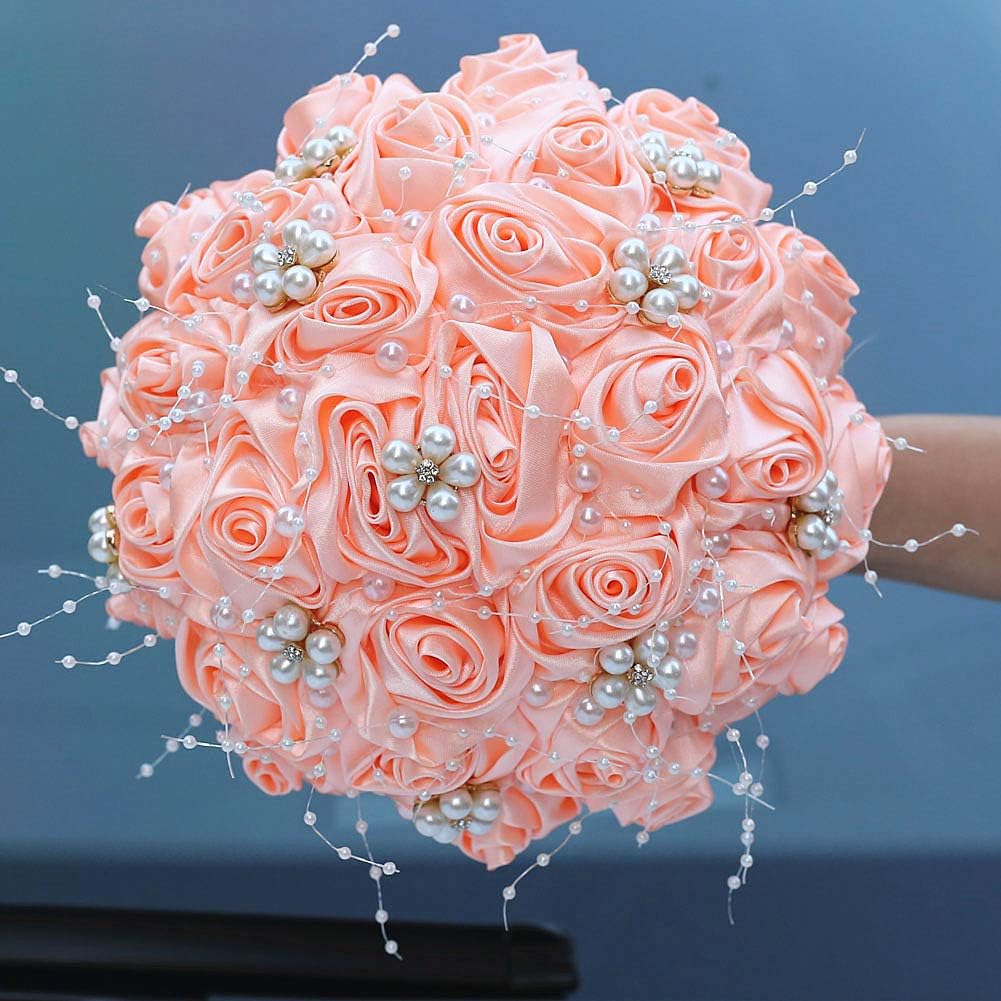 7.5 Inch Bridal Artificial Flower Bouquet with Pearls Satin Roses for Weddings Anniversaries Special Occasions
