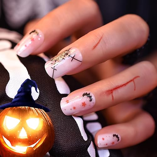 Miniatura 1 de Uñas postizas a presión estilo calabaza de Halloween, uñas postizas de Halloween, diseño de cicatriz desgarradora, acabado rosa, uñas de uso diario,
