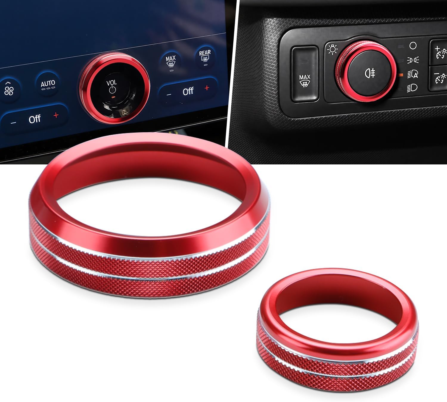 Auovo Volume Control Knob Cover Compatible with Ford Mustang Mach E Accessories 2024 2023 2022 2021 Mach-E Gear Shift Switch Knob Cover Ring Aluminum Alloy (2PCS-Red)