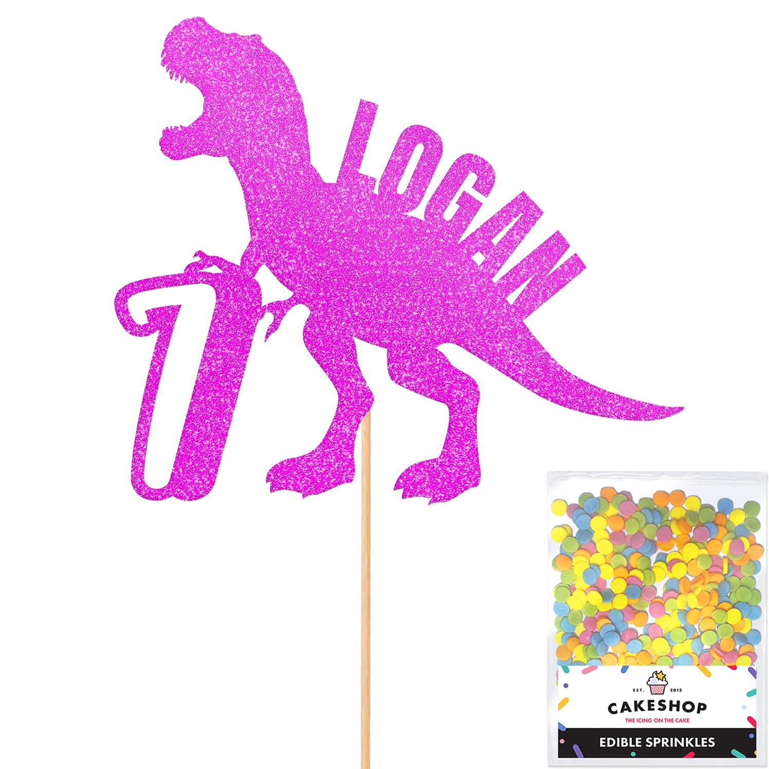 Personalised Birthday Dinosaur Glitter Cake Topper- Pink Any Name & Age Glitter Cake Decoration and Sprinkles - Happy Birthday Decorations - Personalised Toppers for Cakes by Cakeshop — image 1