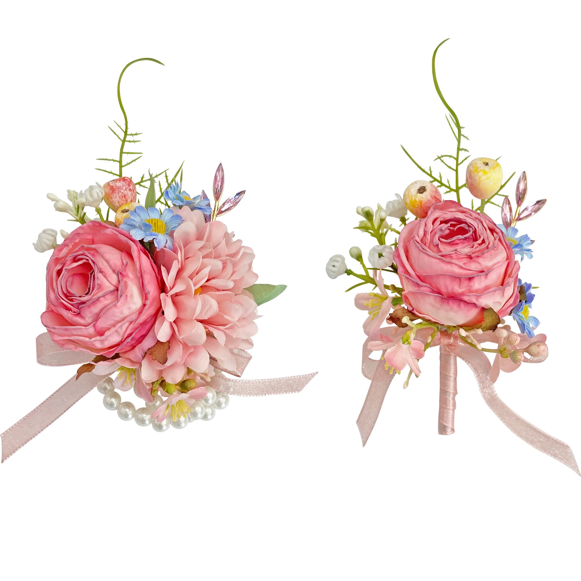 Muiltvoe Corsage and Boutonniere Set, Handmade Artificial Peony Rose Wrist Corsage Wristlet and Groom Boutonniere for Men Wedding Prom Suit Decorations