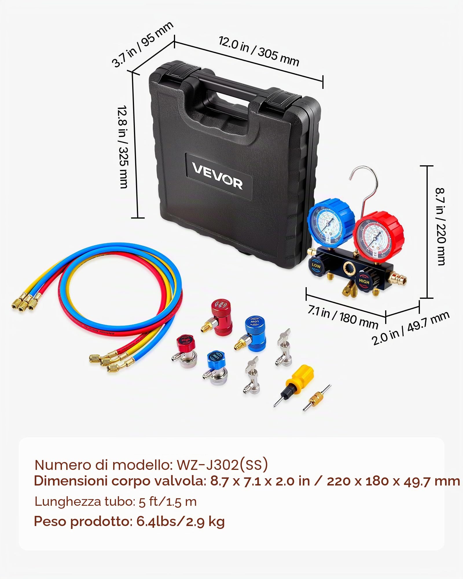 VEVOR Kit Manometro del Refrigerante per Aria Condizionata per Autoveicoli, Strumenti del Refrigerante a 3 Vie Tubi Flessibili Raccordi a Sgancio Rapido, Manometro per Aria Condizionata Auto