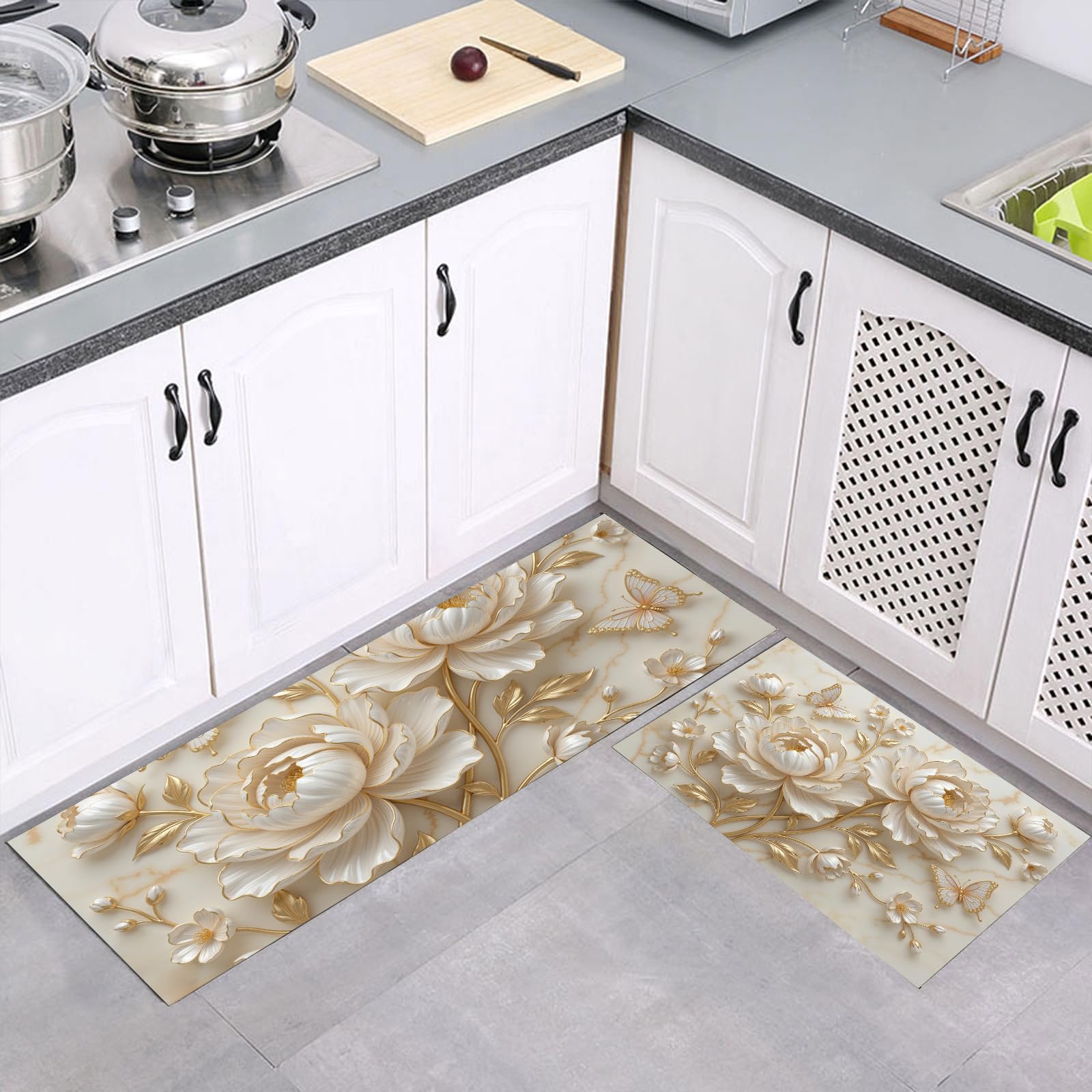 Lot de 2 tapis de cuisine antidérapants 40x120 40x60 beige 3D