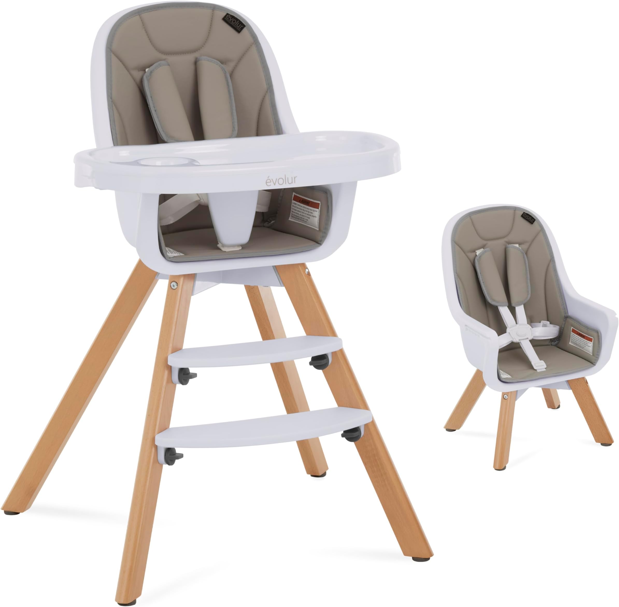 évolur Zoodle 3-in-1 High Chair in Light Grey | Convertible Wooden Baby Feeding Chair with Dishwasher Safe Removable Tray, Adjustable Footrest, Padded Cushion, 5-Point Harness for Infants & Toddlers