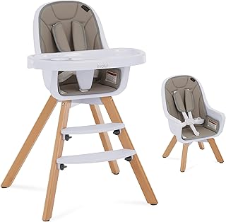 évolur Zoodle 3-in-1 High Chair in Light Grey | Convertible Wooden Baby Feeding Chair with Dishwasher Safe Removable Tray, Adjustable Footrest, Padded Cushion, 5-Point Harness for Infants & Toddlers