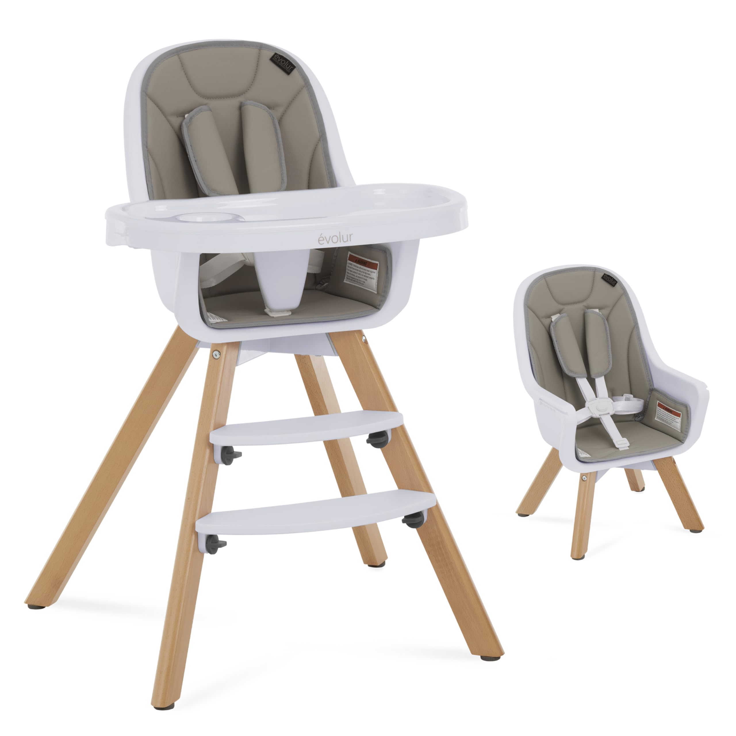 Evolur Zoodle 2 in 1 Convertible Baby High Chair, Light Gray, Easy to Clean, Adjustable Tray, Compact & Portable, Foldable High Chair with Adjustable Footrest