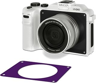 Minolta Digital Camera – 56MP Photos, 4K 60FPS Video, Dual-Lens Selfie Design, 18X Zoom, Wi-Fi, RAW/JPEG Capture, 3” LCD, Replaceable Faceplates (Black & Purple), Compact Travel Camera (White)