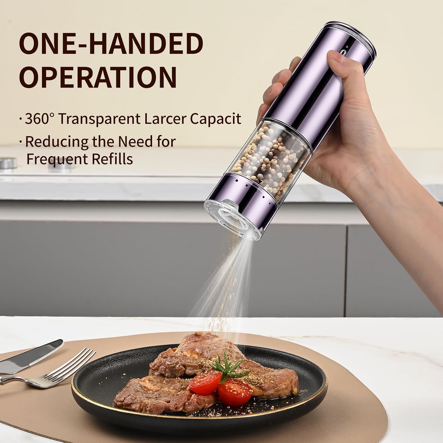 Electric Rechargeable Salt and Pepper Grinder Set - Automatic Grinder, External Adjustable Coarseness, LED Light, One-Hand Operation, Stainless Steel & Acrylic, USB Charging, Purple (Set of 2)