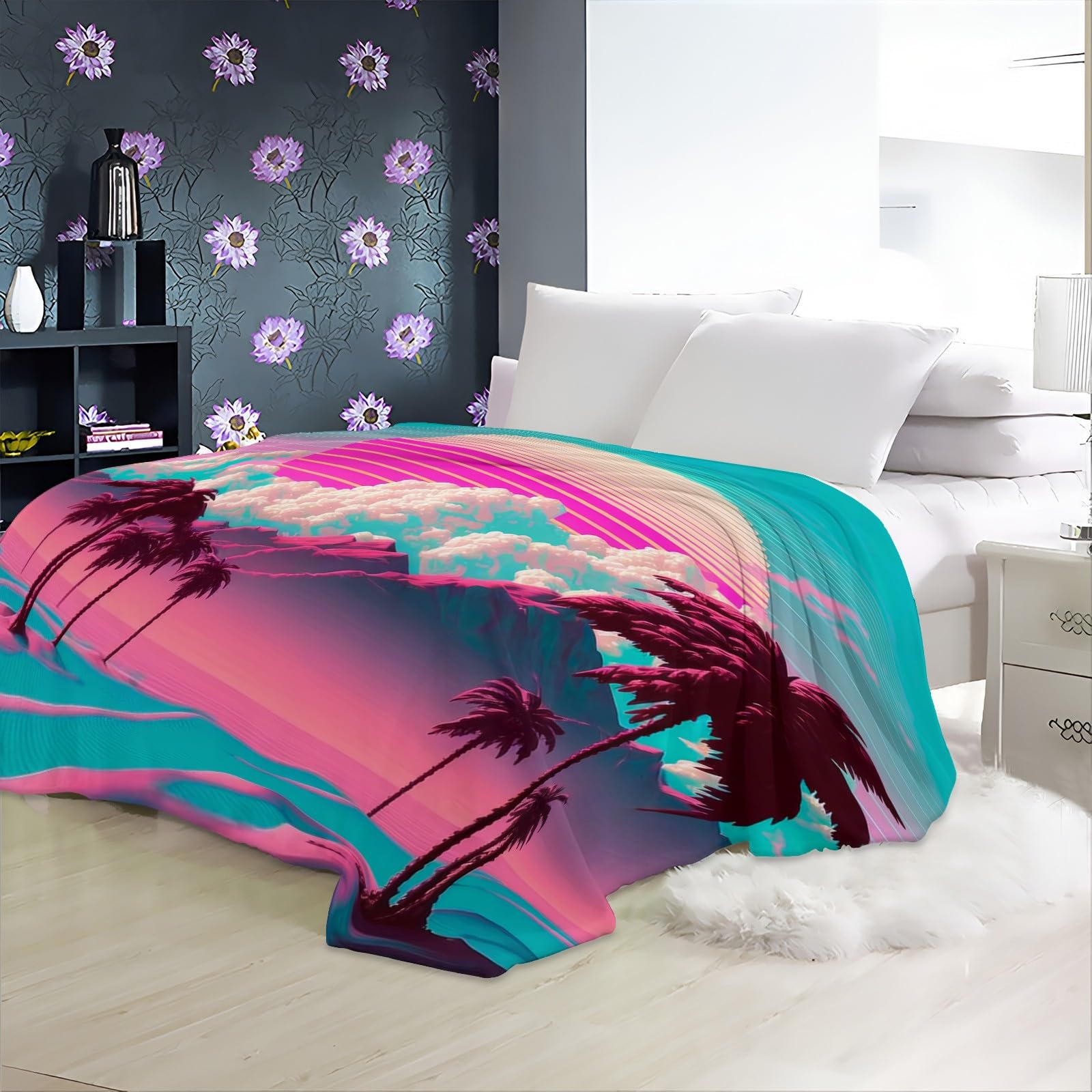 Couverture Flanelle Doux et Confortable 150x200 cm Soleil Rose de Dessin Animé Paysage de Montagne Motif Couverture Plaid Polaire Couverture de Canapé Lavable, Couverture pour Chambre Canapé et Lit