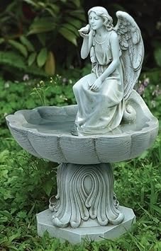 Roman Josephs Studio, 19.25" H Angel Holding a Bird Birdbath Garden Feature, Religious Outdoor Decor,
