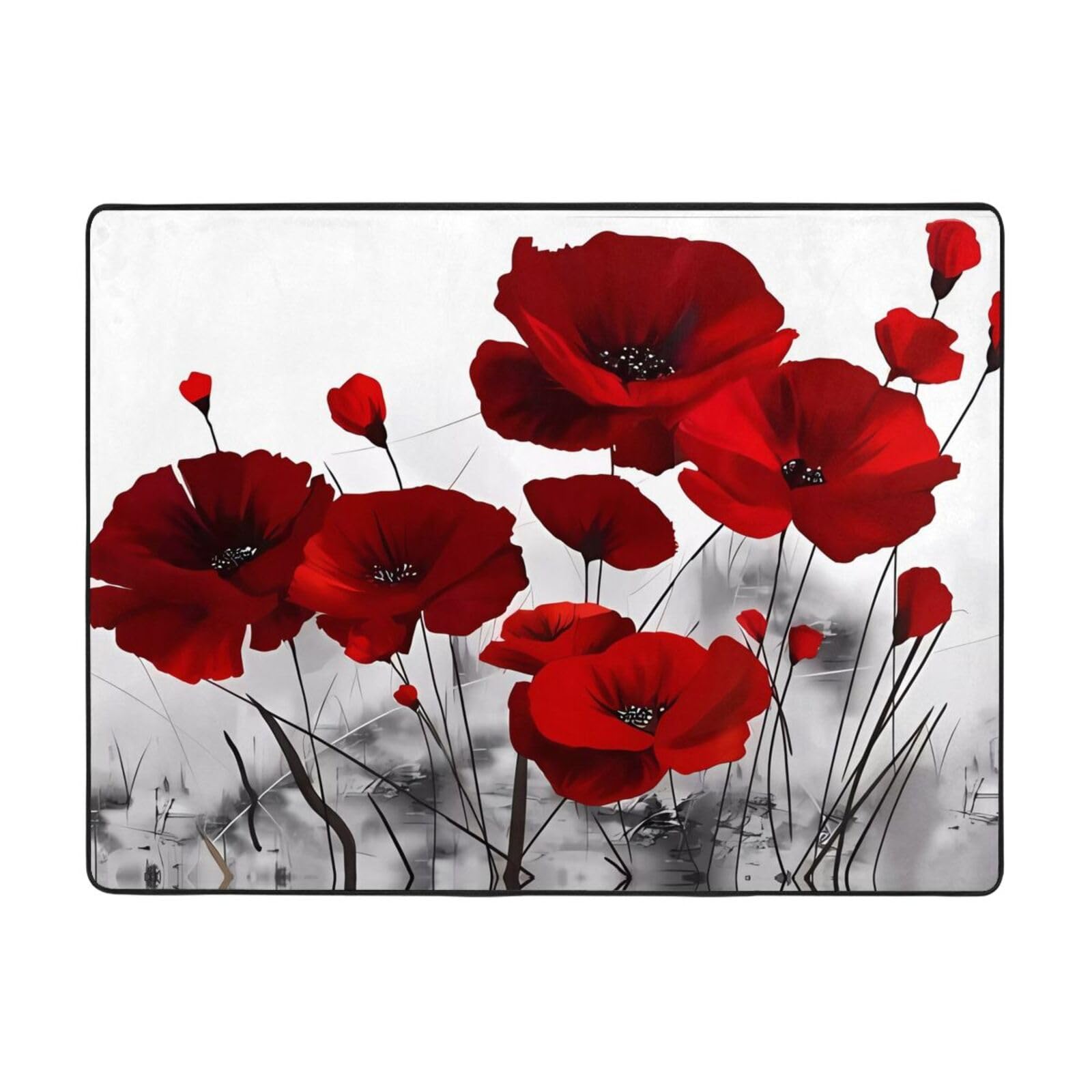 Tapis flanelle coquelicot rouge lavable et anti-glisse pour salon