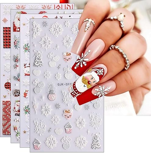 Calcomanías de uñas de Navidad 3D, 4 hojas 5D autoadhesivas en relieve, muñeco de nieve, alce, Papá Noel, decoración de uñas, suministros de diseño