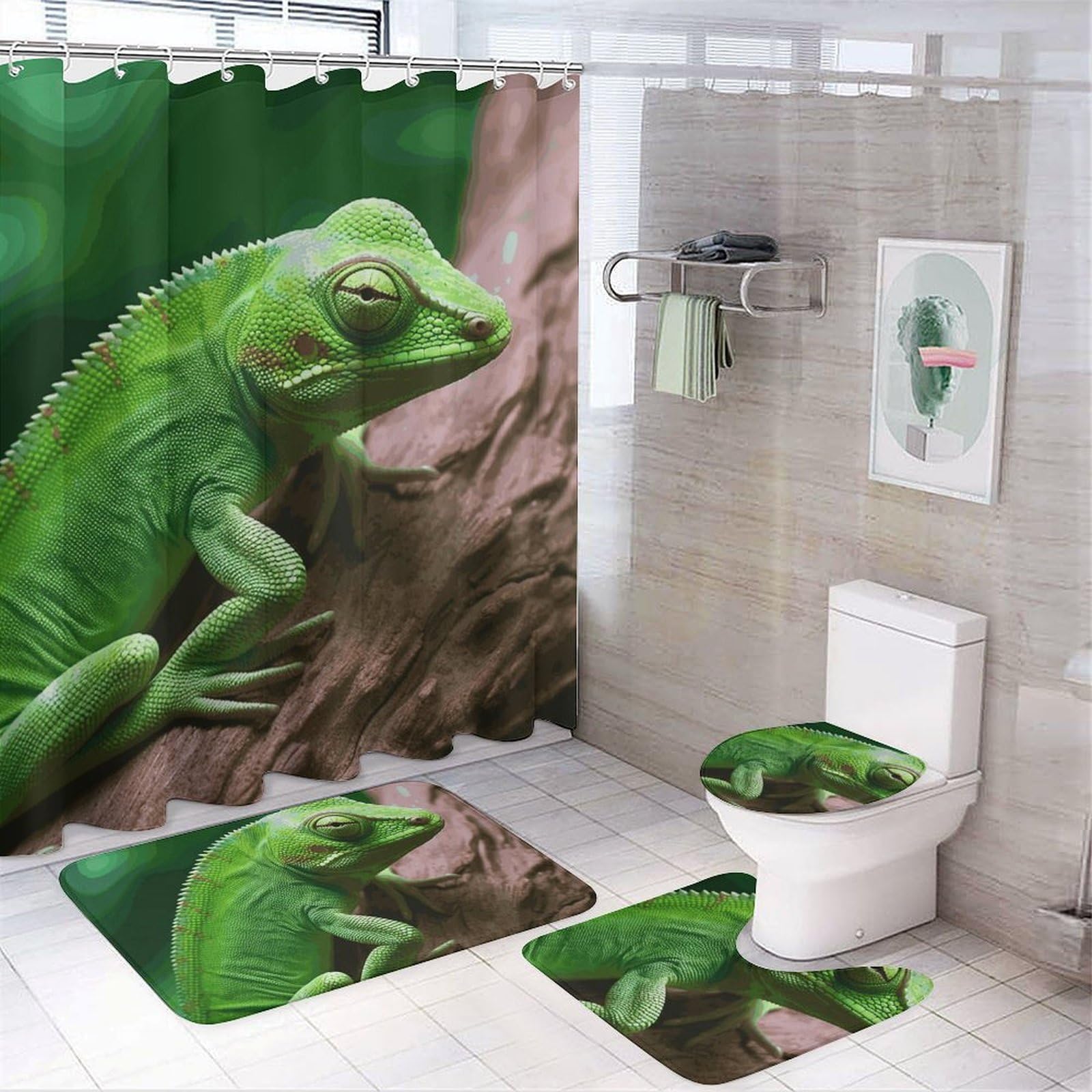 Rideau de douche imperméable avec tapis assortis Green Lizard