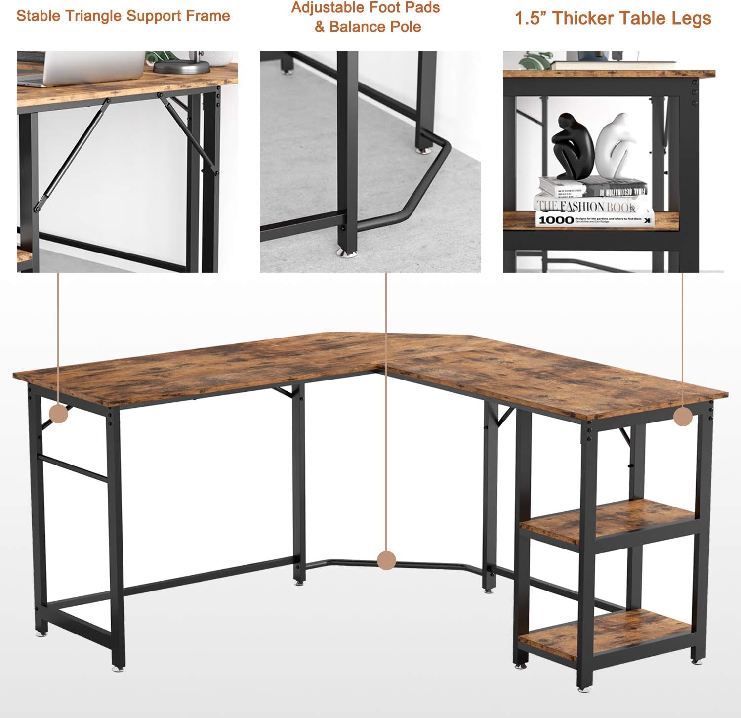 IRONCK L Shaped Computer Desk, Corner Office Desk Writing Study Table with Storage Shelves, Multi-Usage Large Long Home Office Desk Gaming Wood and Metal, Space-Saving, Easy Assembly