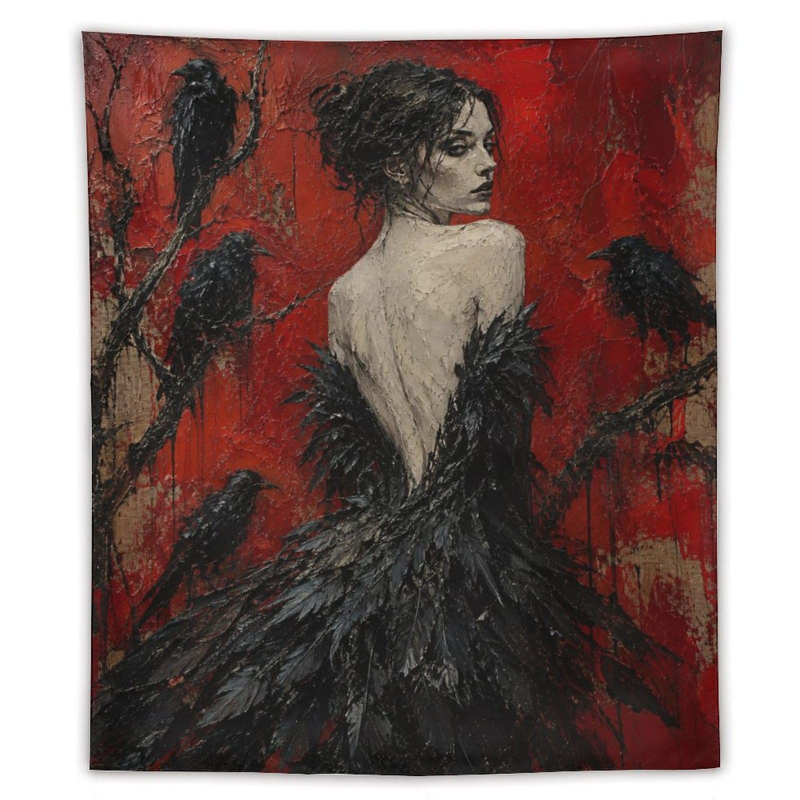 W7C8U2X3 Raven Woman with Black Feather Dress Wall Tapestry, Gothic