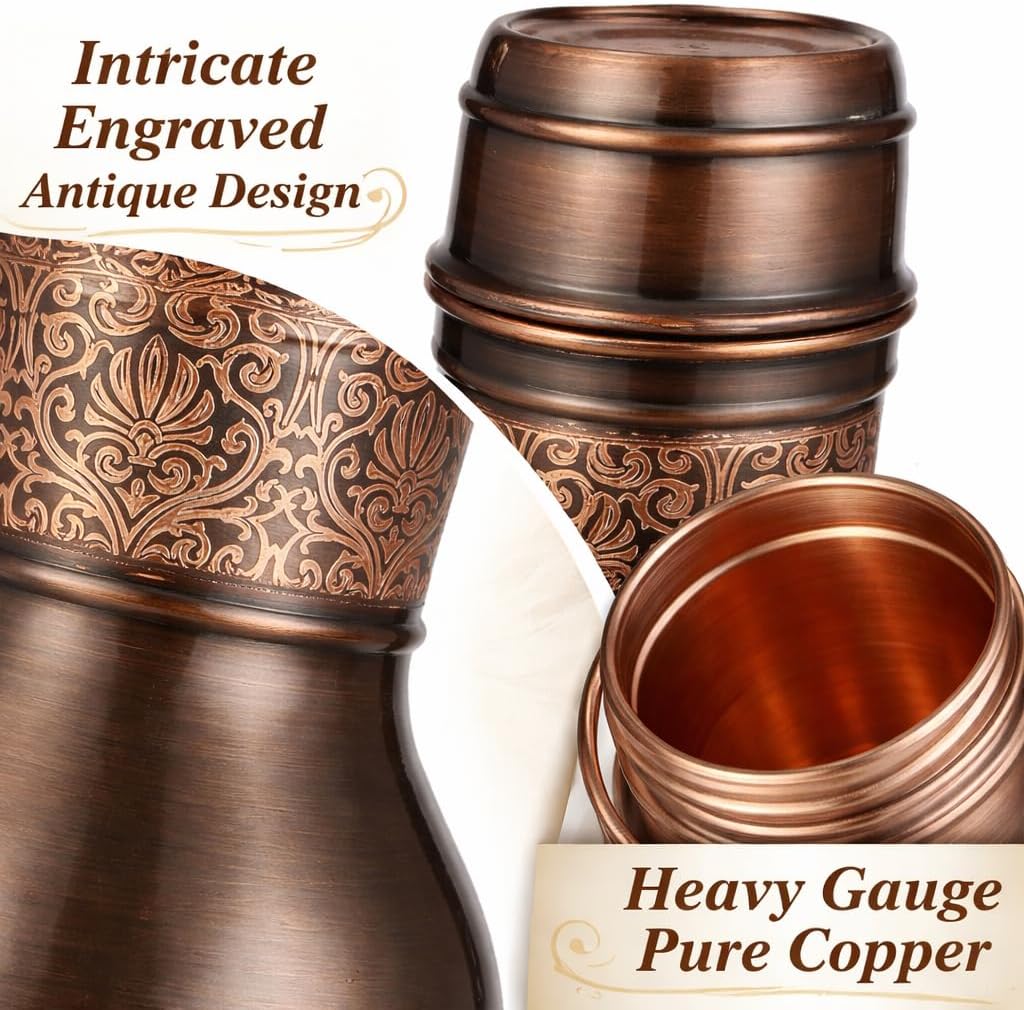 Copper Water Bottle – Bedside Carafe with Glass – Metal Water Pitcher with Lid – Ayurveda Healing Benefit Heavy Duty Vessel – 34 Oz
