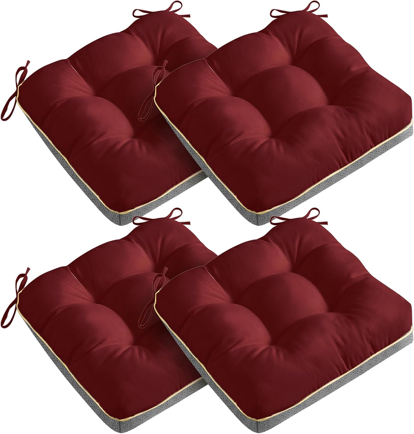 4 Pack 19x19 Inch Shredded Foam Chair Cushions with Straps - All-Season Seat Pads for Indoor/Outdoor Dining, Office, Patio, Kitchen Chairs (RED, 19 INCH × 19 INCH)