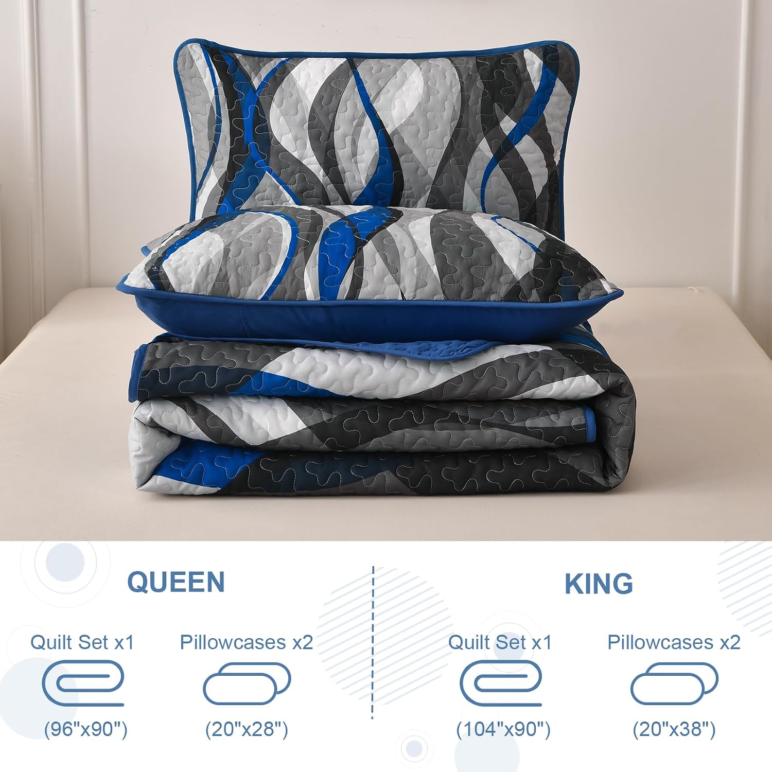 Anibedding Classic Line Quilt Set Queen Size, Grey and Blue Queen Quilt with 2 Pillowshams, Stripe Quilt Bedding Set 3PCs Soft Lightweight Microfiber Bedspread Coverlet Set for All Season, 96"x90" | Breathable