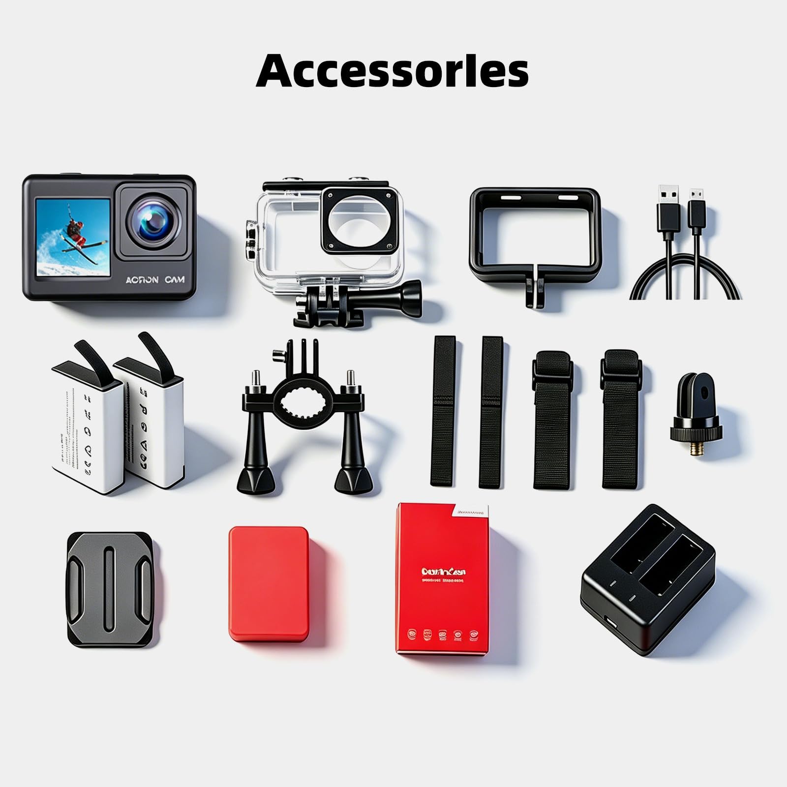 Sportkamera 1080P FHD 16 MP Wasserkamera mit Doppelbildschirm von 5,1 cm und 3,3 cm (2 Zoll) und 3,3 cm (1,3 Zoll), wasserdicht 40 m für Vlogging und Tauchen, inklusive 32 GB SD-Karte, 2 Akkus