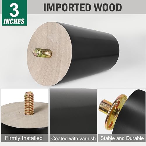 Miniatura 9 de FoDau770 Patas de madera de goma negra para muebles de 3 pulgadas, patas de madera cónicas inclinadas para sofá de mediados de siglo, juego de 8,