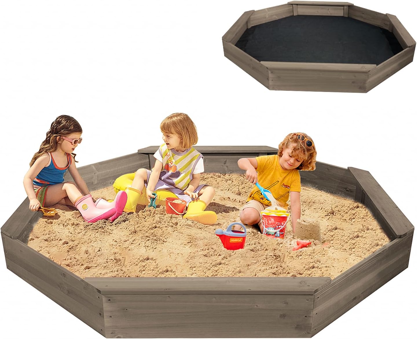Wooden Octagonal Sandbox with Cover, Outdoor Sandpit with 4 Bench Seats, Sand Box for Children, Beach for Backyard, Patio, Garden (Coffee)