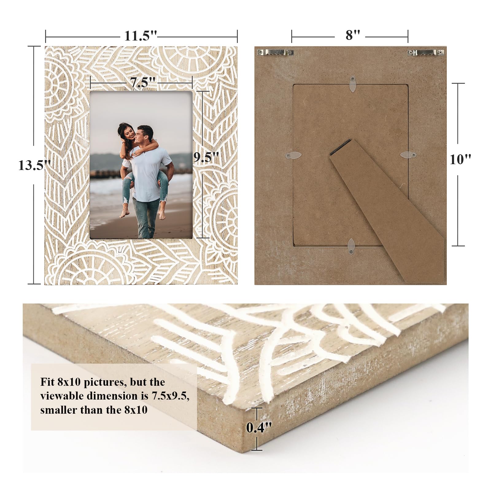 FOLKOR 8x10 Picture Frame with Stand, 2 Pack Boho Picture Frame with Real Glass for Shelf Decor Farmhouse Wedding Photo Frame for Tabletop Wall Display, Chic Gift for Housewarming Birthday