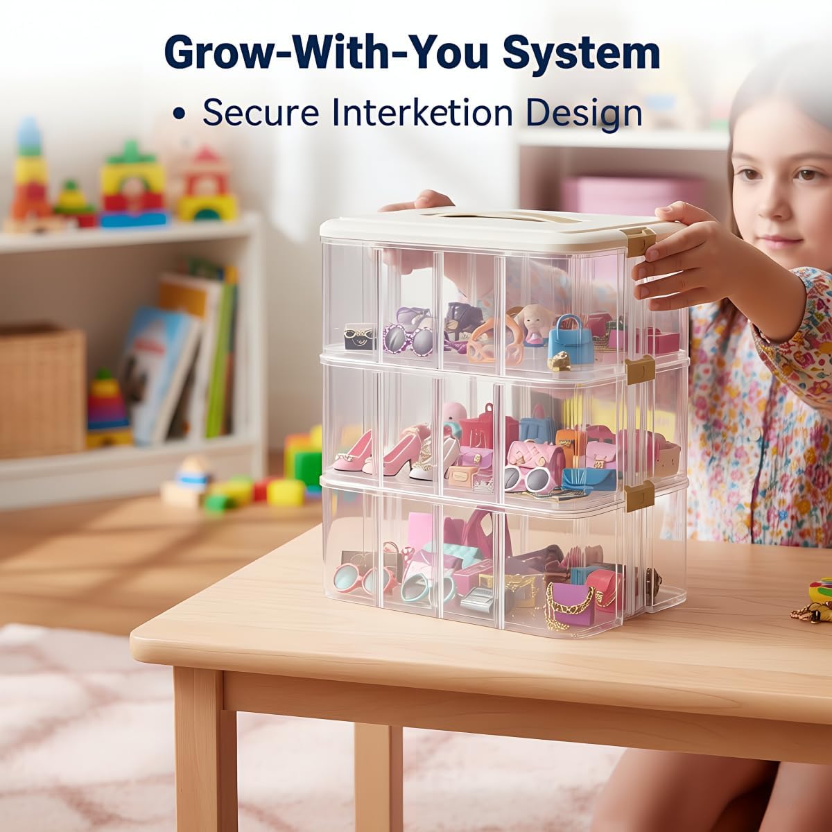 Condition photo showing New/Like New for dreamtribe stackable classified multipurpose portable organizer- 1-layer clear organizer with adjustable compartments for doll clothes&tiny toys,stationery, art craft,hair accessories