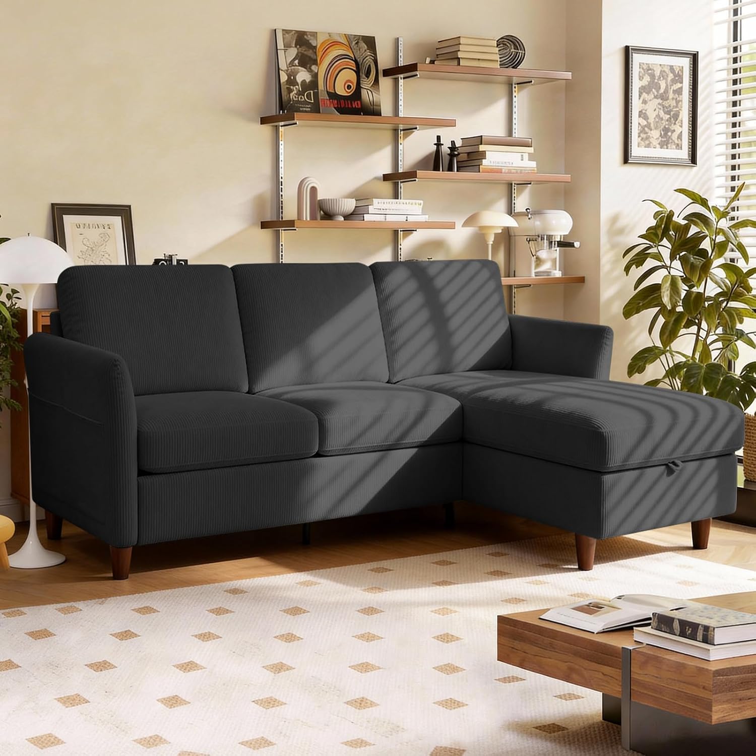 Valthie Corduroy L-Shaped Convertible Sectional Sofa with Reversible Storage Chaise